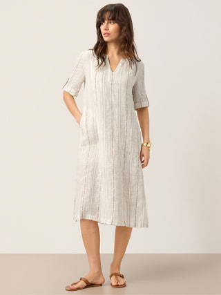 Linen Striped Notch Neck Tab-Cuff Bohemian Midi Dress ALTHEA