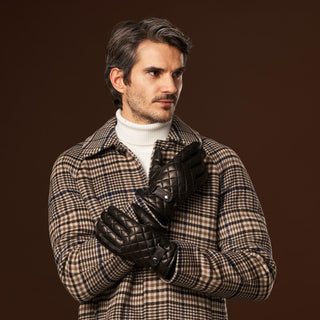 Luca (black) - Italian lambskin leather gloves with cashmere lining and checkered pattern - Glamourous Grace