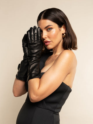 Lucia (black) - Italian unlined 6-button length leather opera gloves - Glamourous Grace