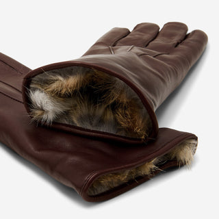 Luciana (brown) - Extended women's Italian lambskin leather gloves with rabbit fur lining - Glamourous Grace