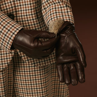 Luciana (brown) - Extended women's Italian lambskin leather gloves with rabbit fur lining - Glamourous Grace