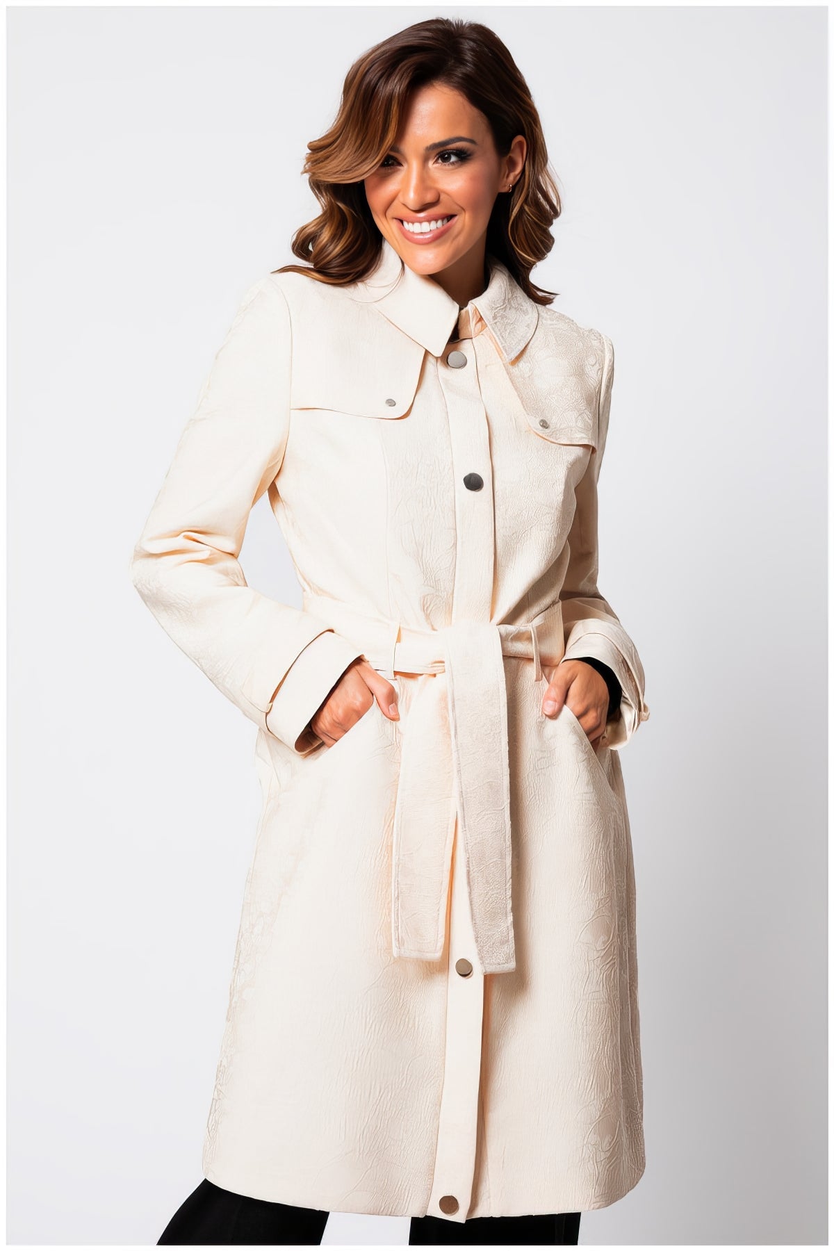 Beige Jacquard Trench Coat, Rea