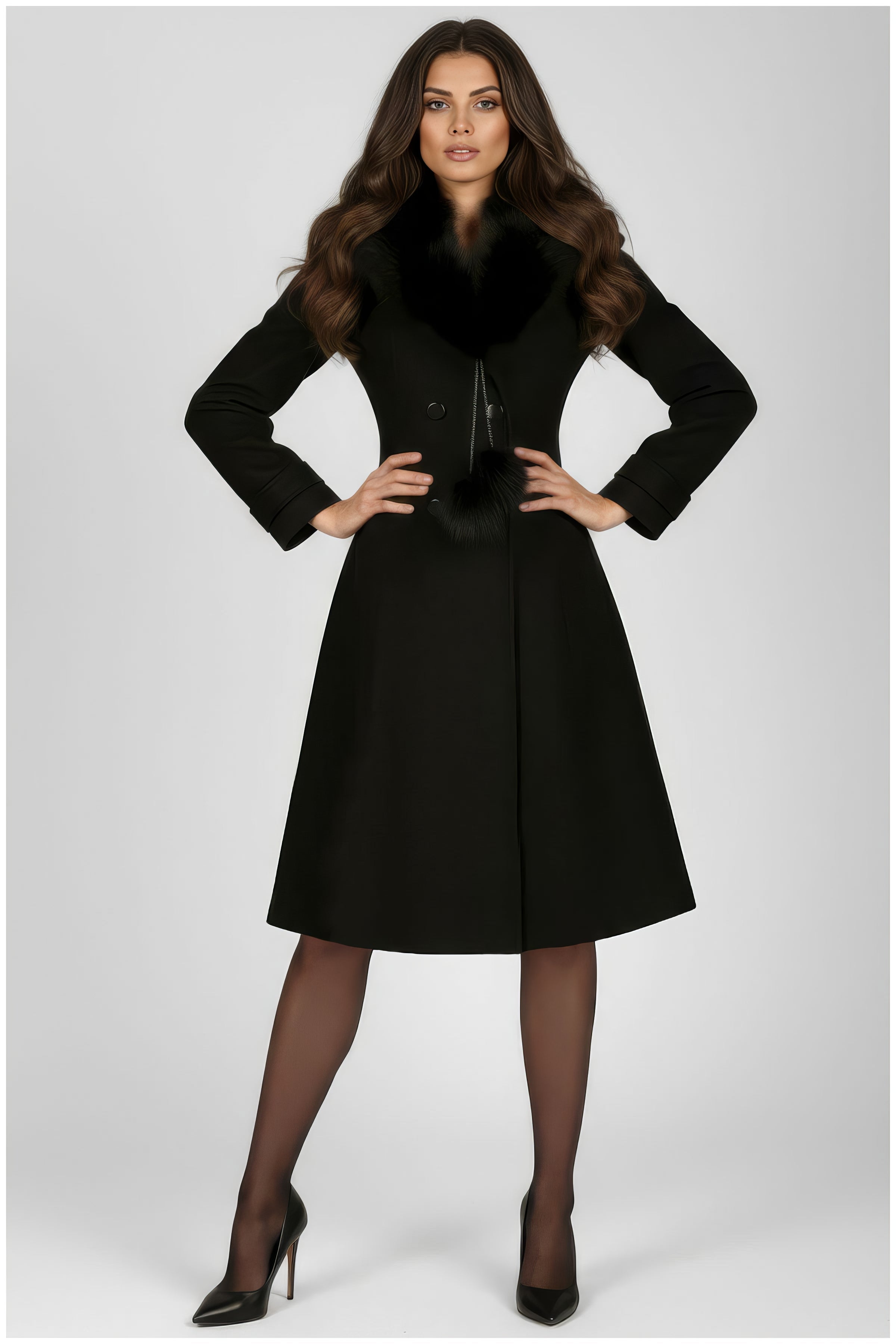 Black Wool Coat with Fur Collar, Lucy