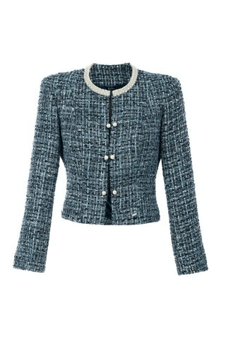 Teal Tweed Blazer with Pearl Trim, Rhea