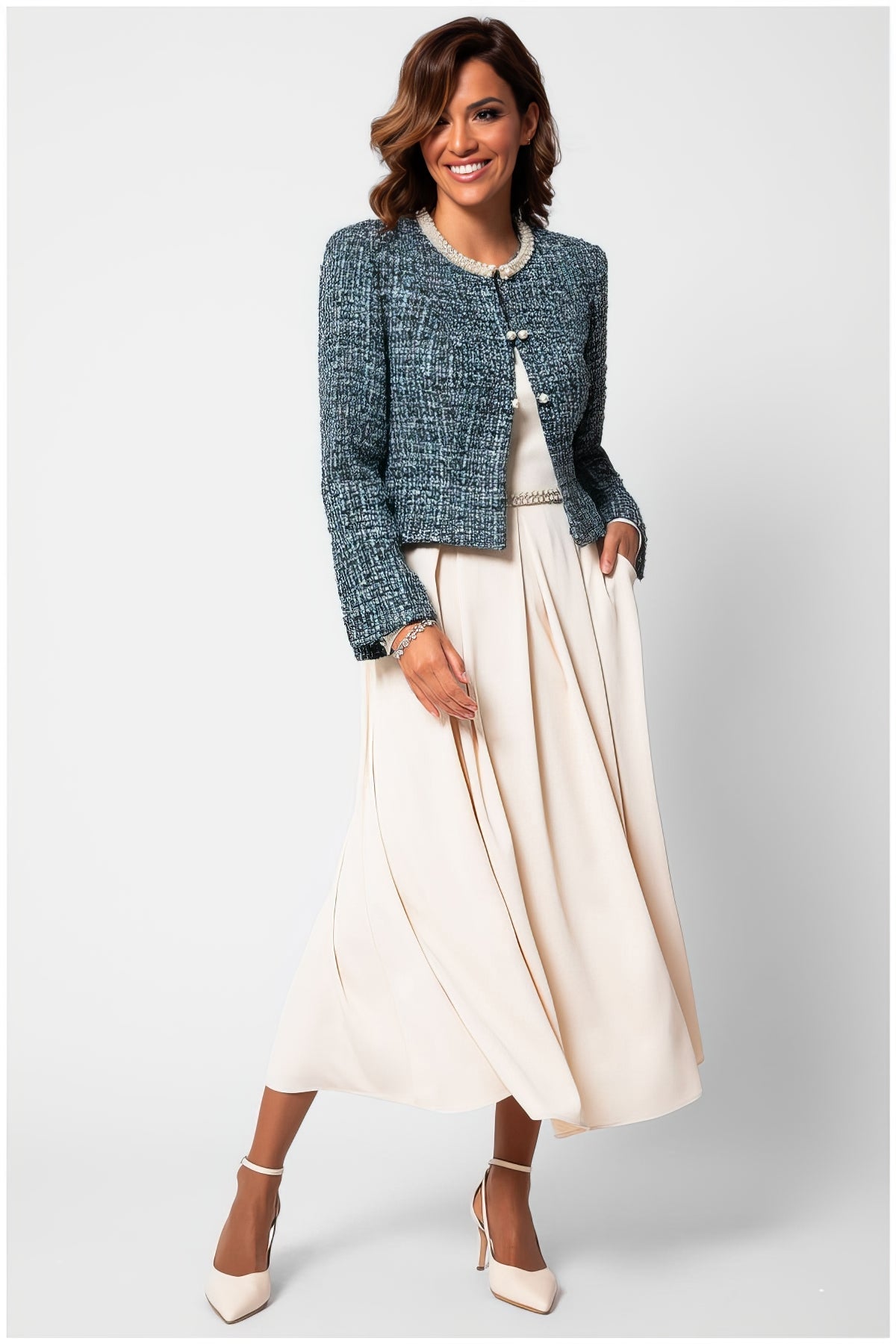 Teal Tweed Blazer with Pearl Trim, Rhea