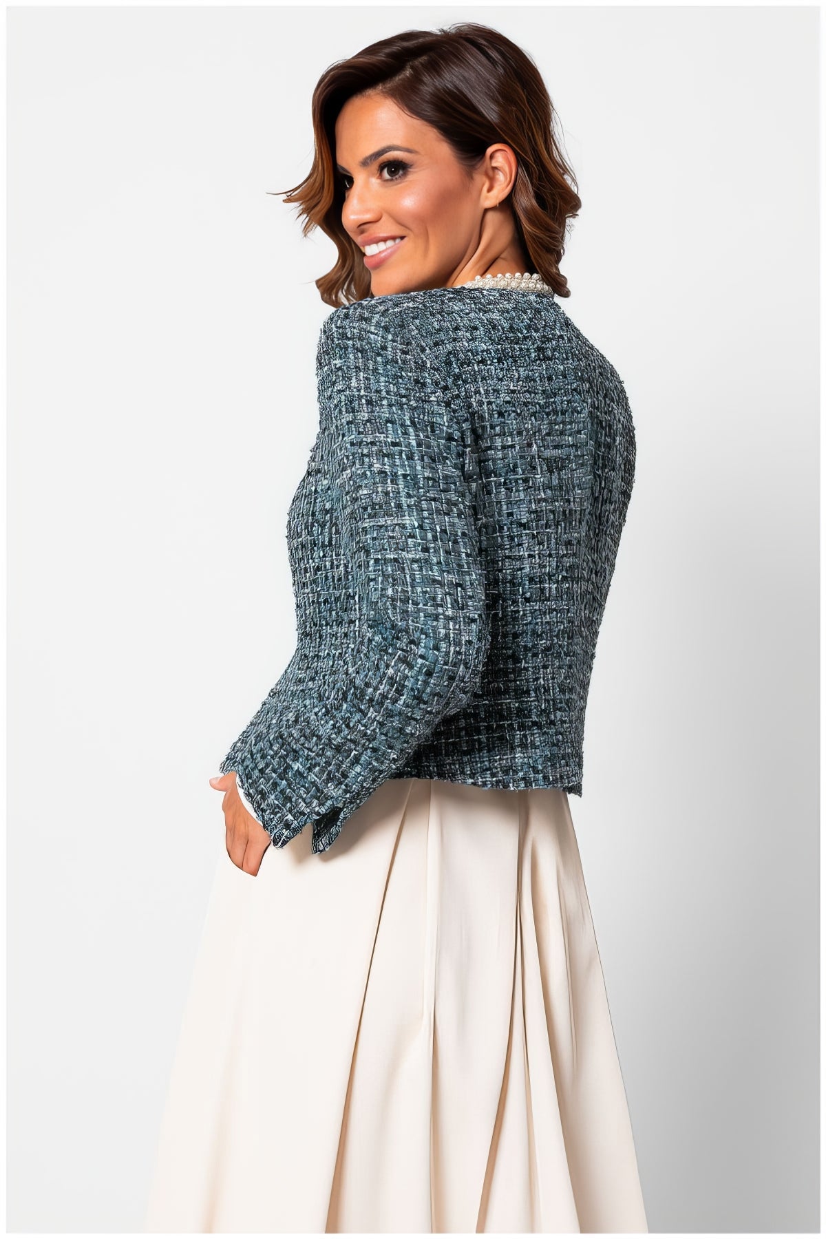 Teal Tweed Blazer with Pearl Trim, Rhea