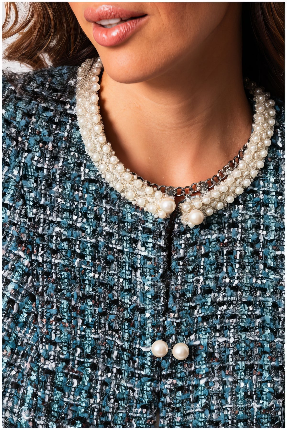Teal Tweed Blazer with Pearl Trim, Rhea