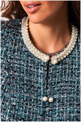 Teal Tweed Blazer with Pearl Trim, Rhea