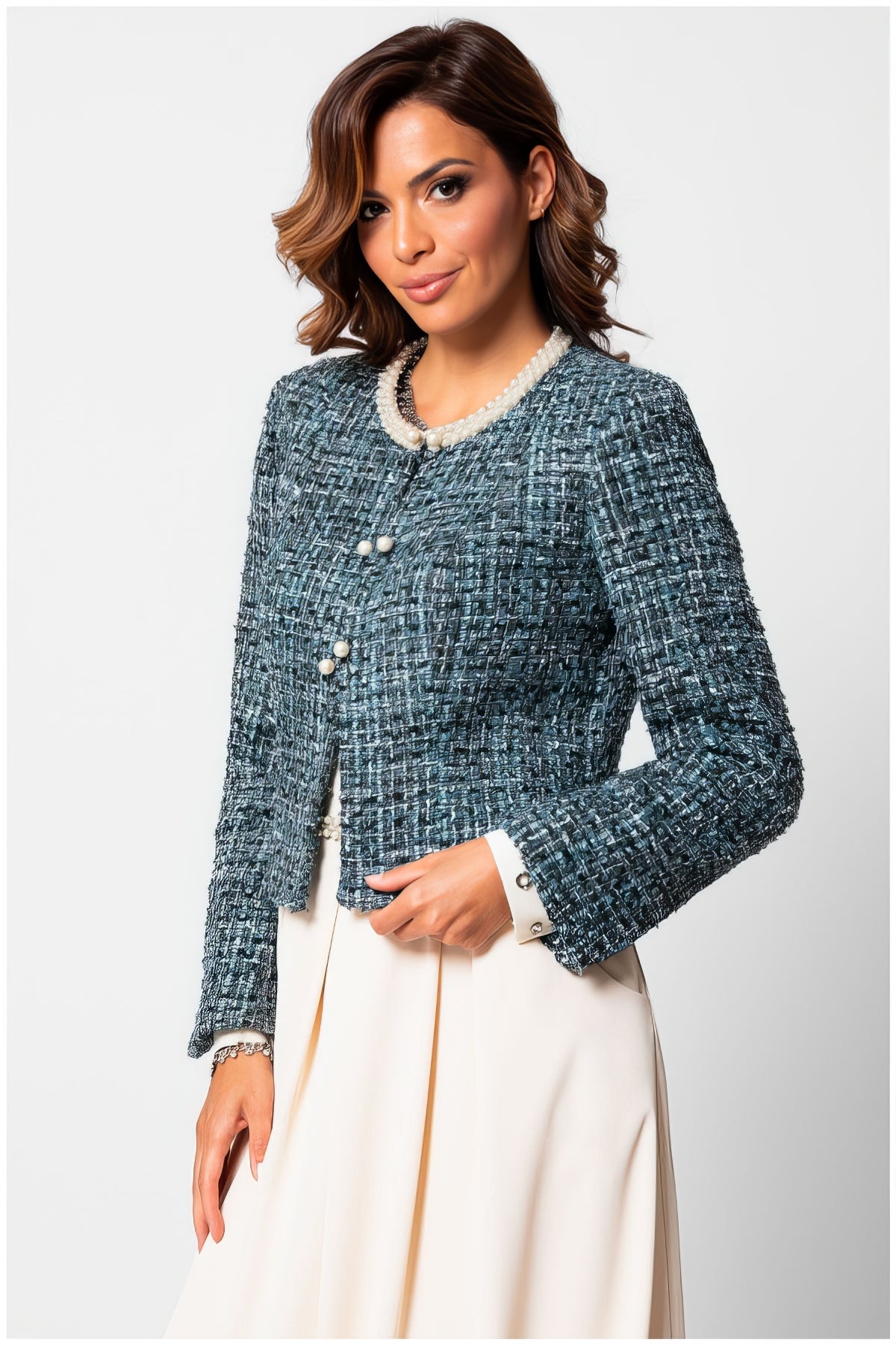 Teal Tweed Blazer with Pearl Trim, Rhea
