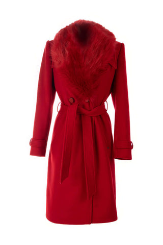 Red Wool Coat with Faux-Fur Collar, Selina