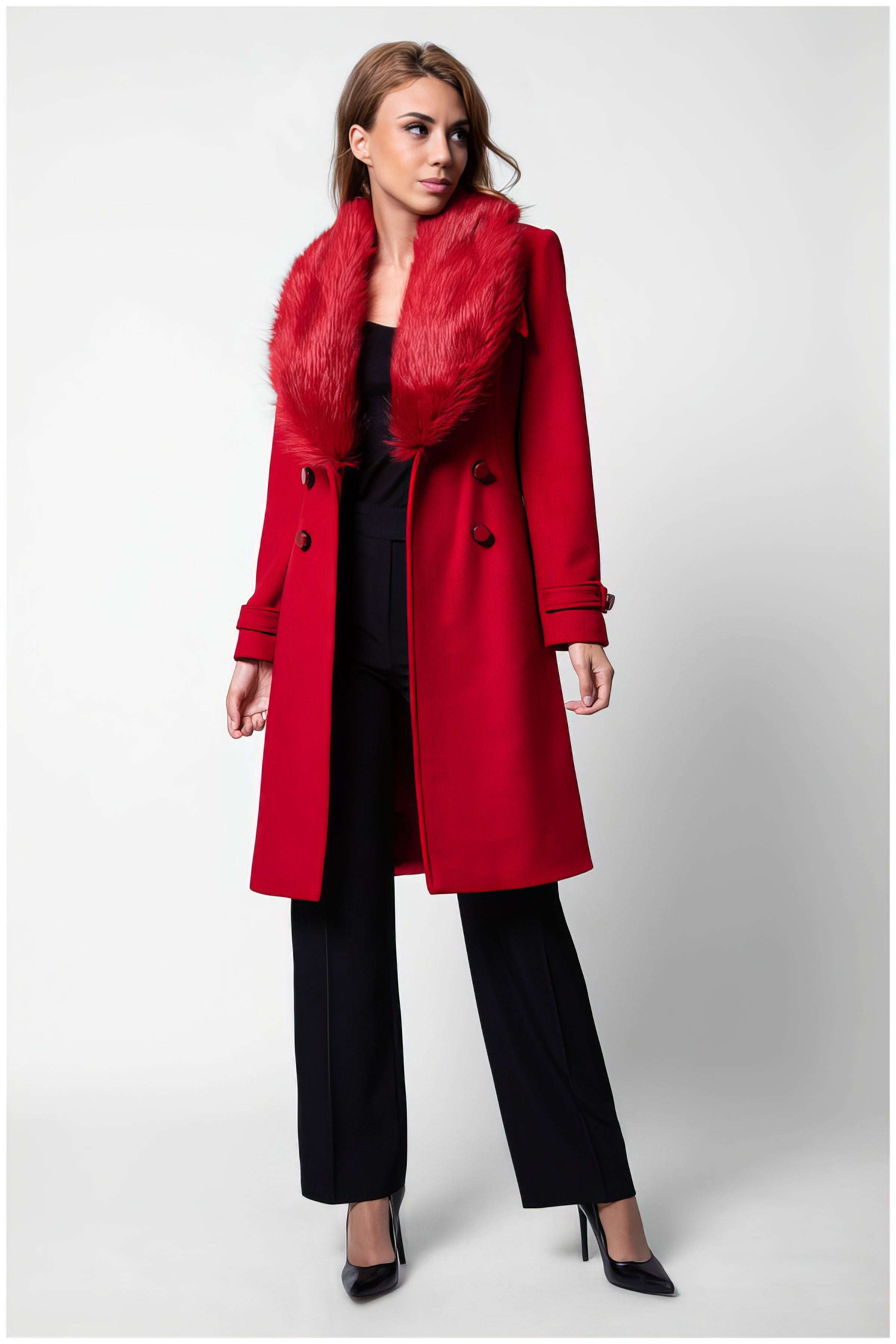 Red Wool Coat with Faux-Fur Collar, Selina
