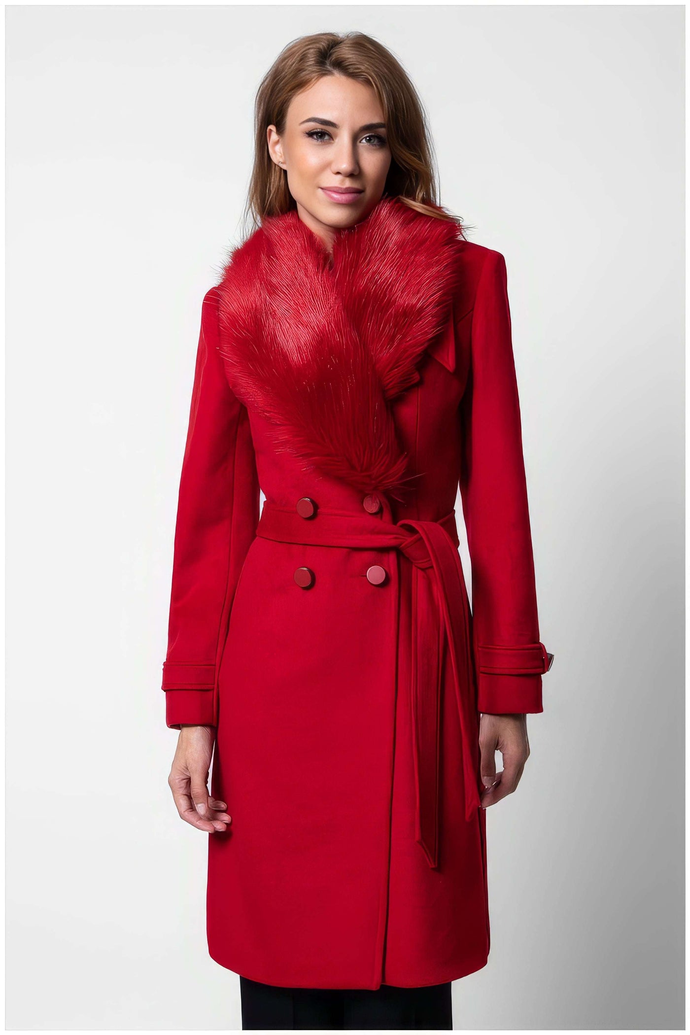 Red Wool Coat with Faux-Fur Collar, Selina