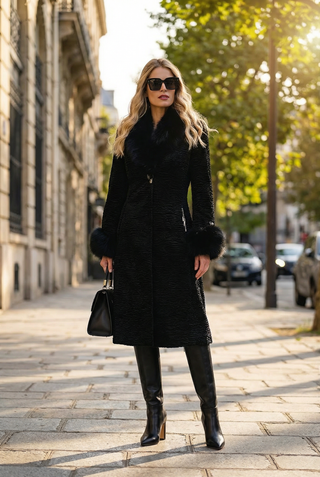 Black Textured Coat with Faux Fur Collar and Cuffs, Paula