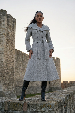 Gray Herringbone Wool Wrap Coat, Nicole