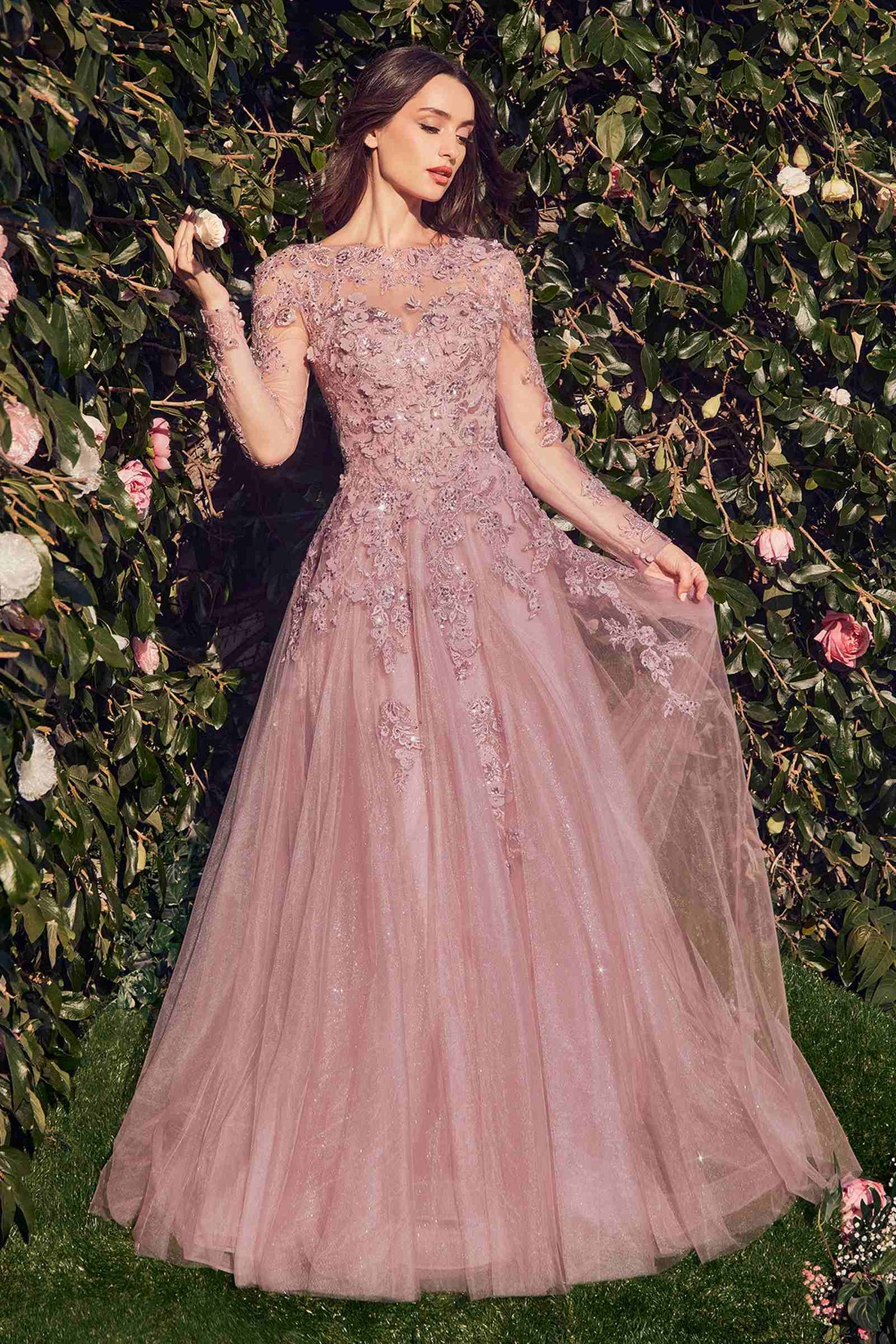 Andrea & Leo MA108 Dress Lace Layered Tulle Long Sleeve Gown - Glamourous Grace