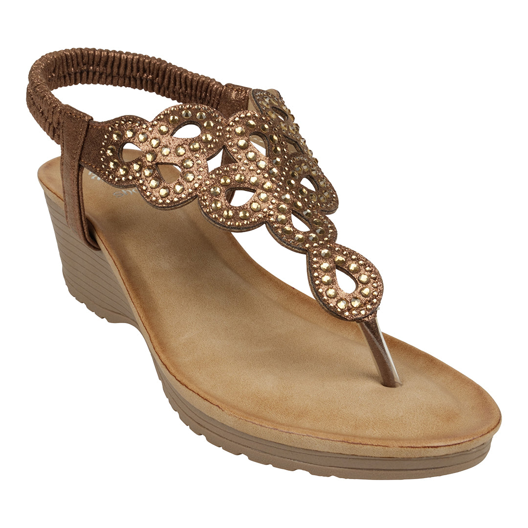 Madelyn Bronze Embellished Laser Cut Slingback Wedge Sandals - Glamourous Grace