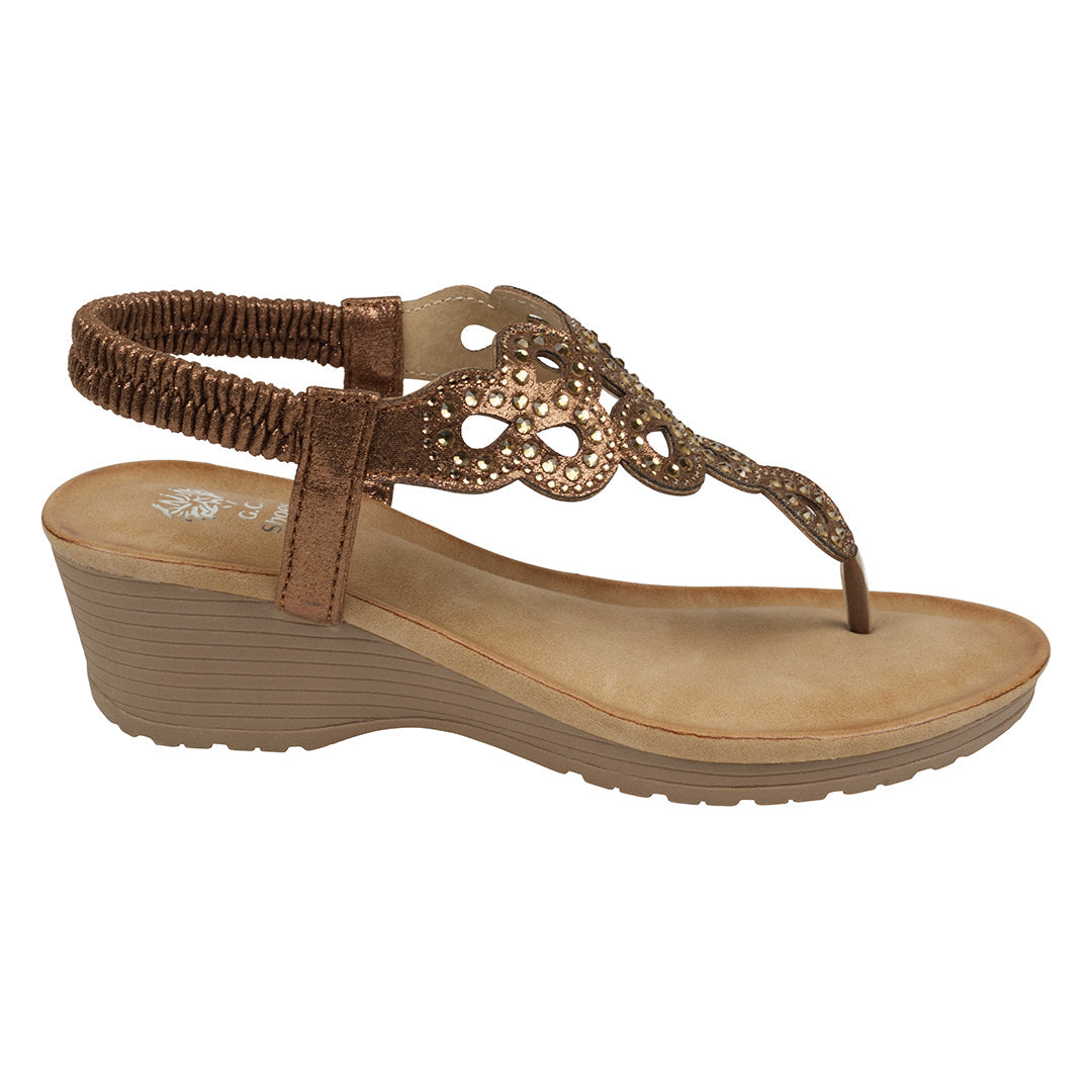 Madelyn Bronze Embellished Laser Cut Slingback Wedge Sandals - Glamourous Grace