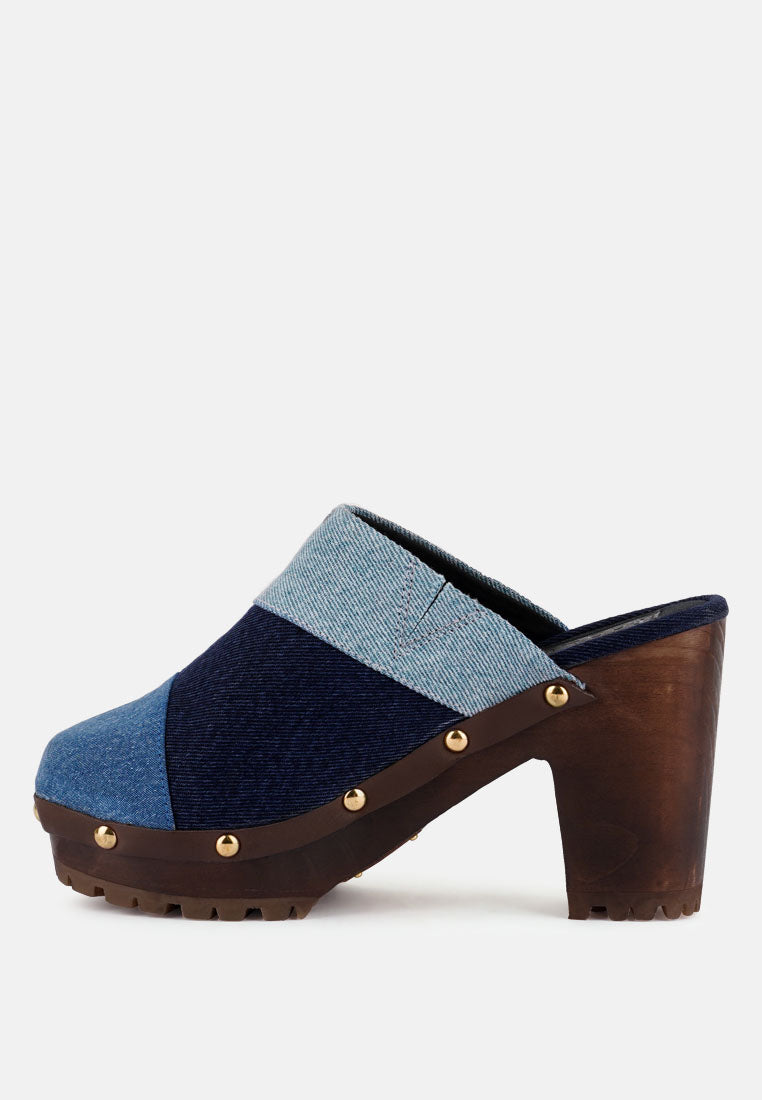 Meso Blue Denim Patchwork Clogs Mules - Glamourous Grace