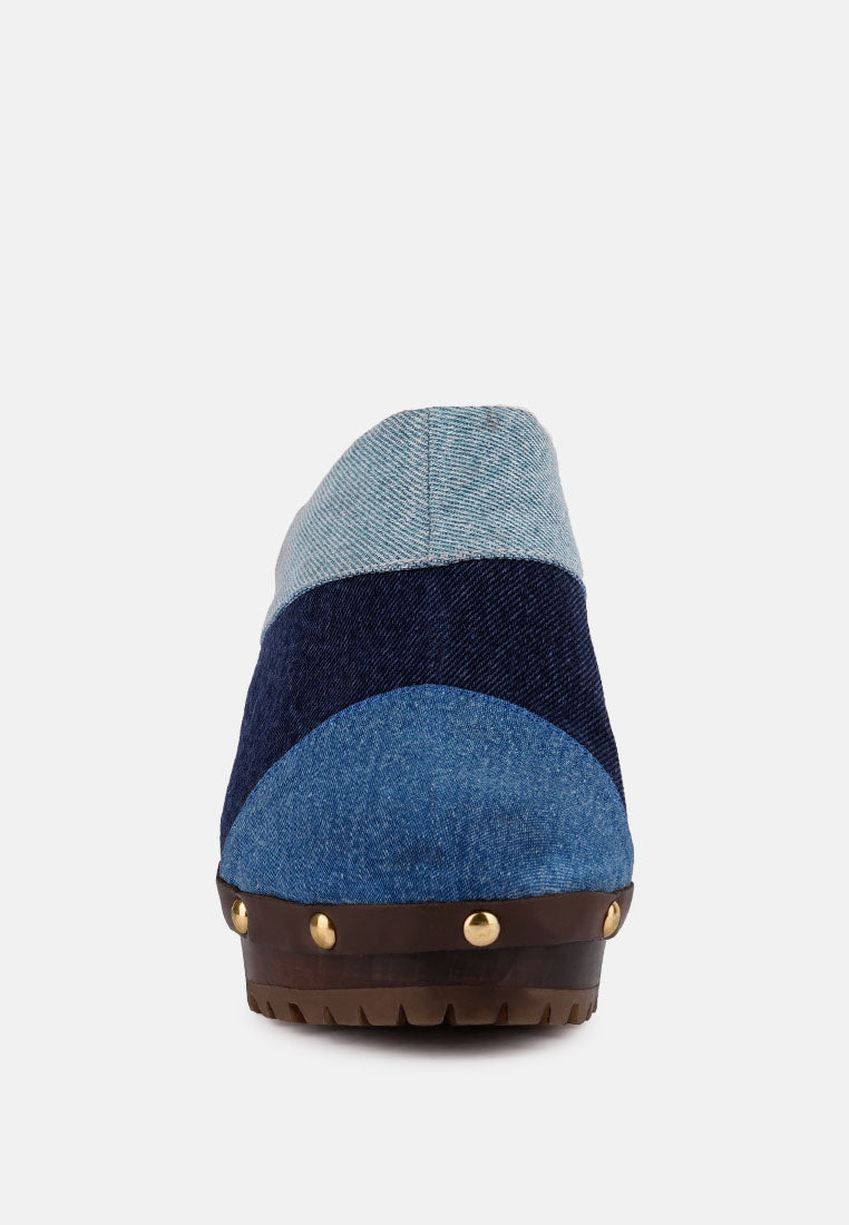 Meso Blue Denim Patchwork Clogs Mules - Glamourous Grace