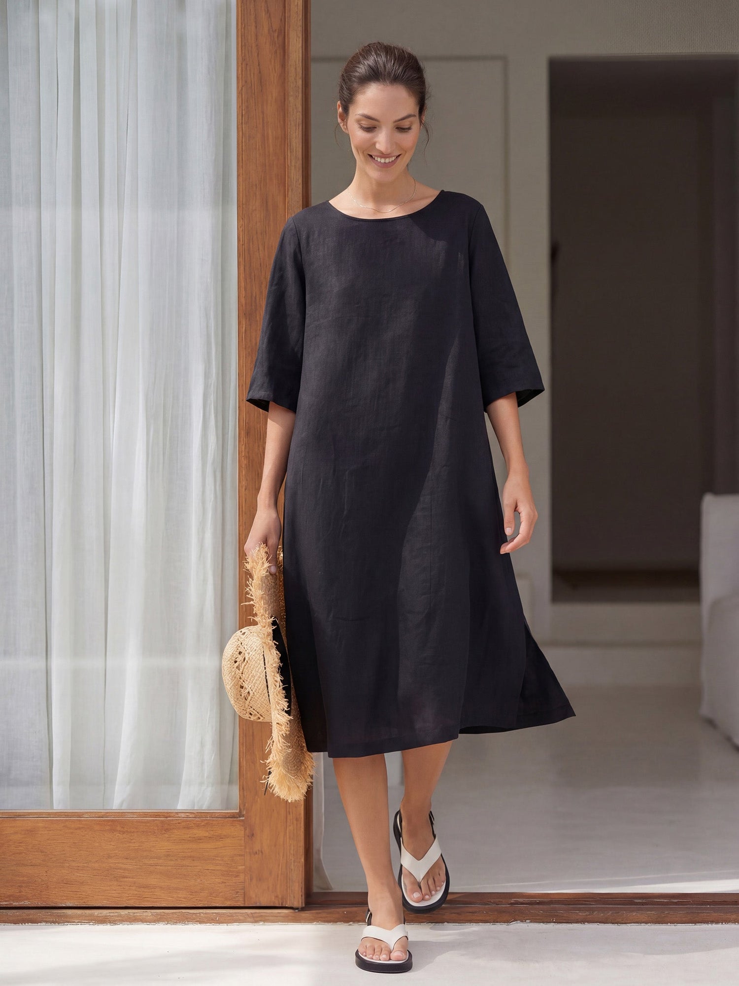 100% Linen Collarless Mid-Length Dress SOFIA - Glamourous Grace