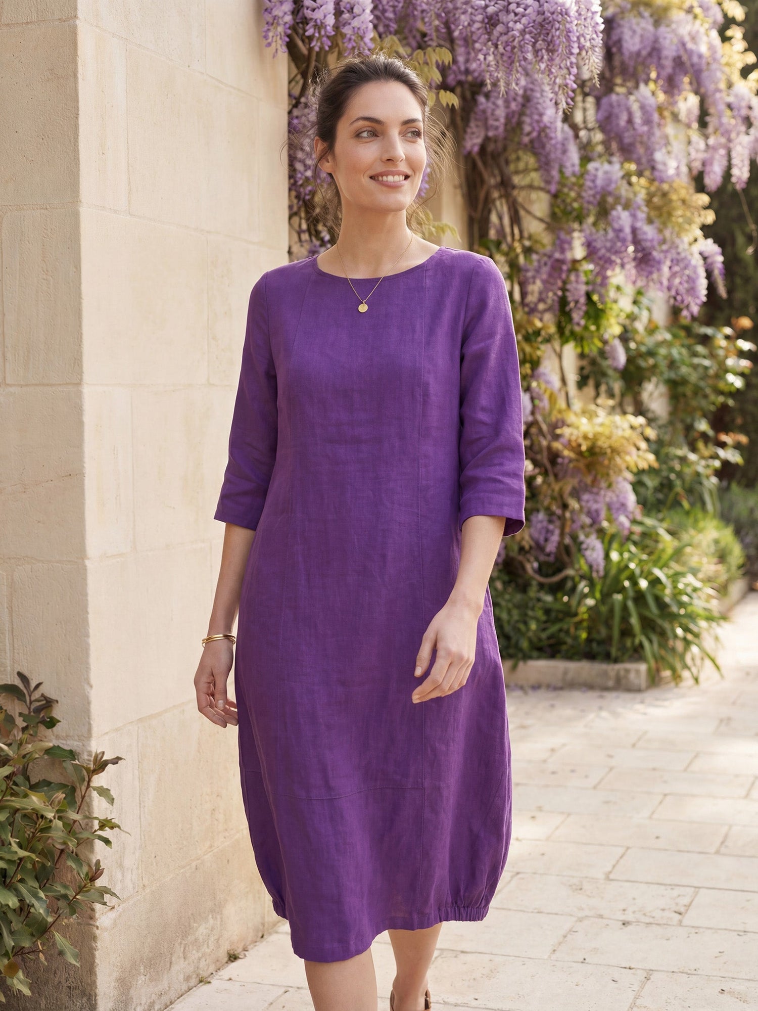 100% Linen Collarless Mid-Length Dress SOFIA - Glamourous Grace