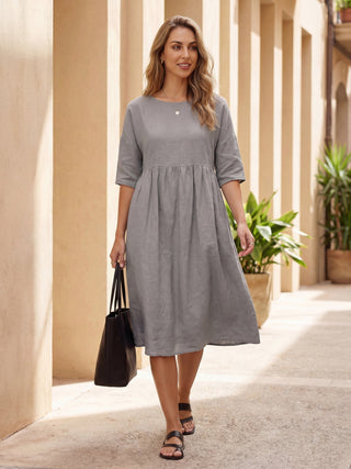 LINTICO 100% linen A-line midi dress in neutral grey, featuring a stylish and comfortable design for casual wear.