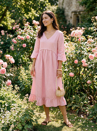 100% Linen V-Neck Ruffle Hem Midi Dress with Crochet Trim MARTHA