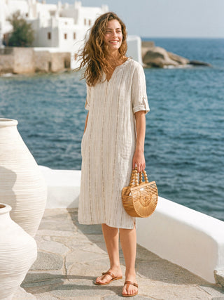 Linen Striped Notch Neck Tab-Cuff Bohemian Midi Dress ALTHEA