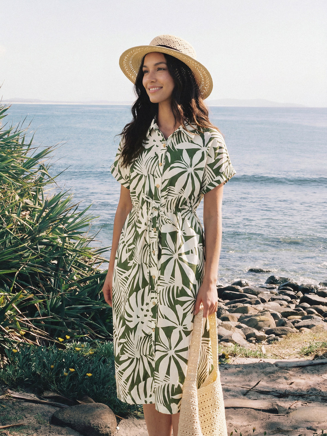 Linen Palm Print Drawstring Waist Cuffed Sleeve Midi Shirt Dress AURELIA - Glamourous Grace
