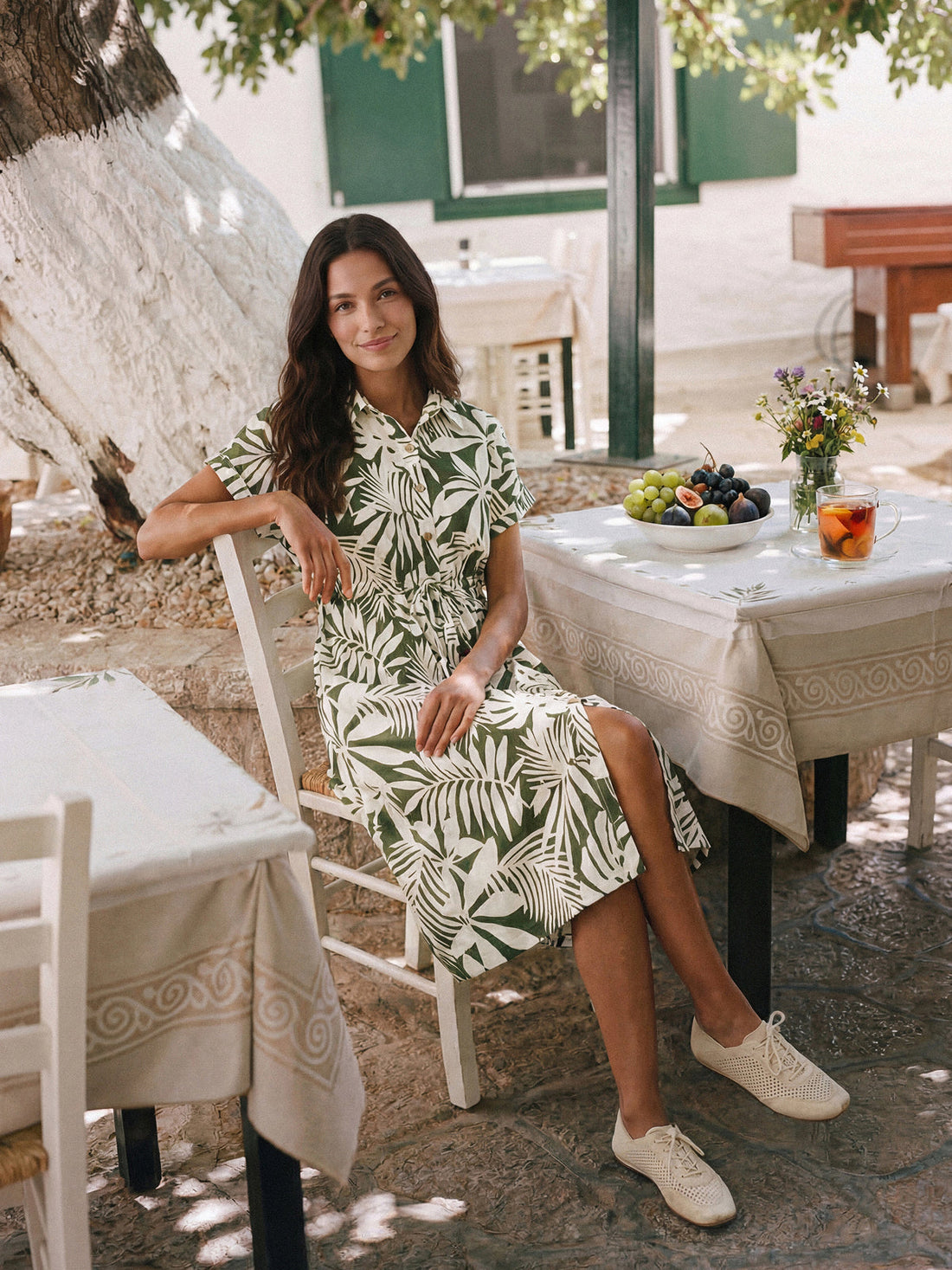 Linen Palm Print Drawstring Waist Cuffed Sleeve Midi Shirt Dress AURELIA - Glamourous Grace