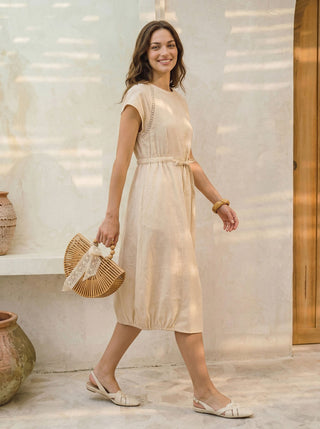 100% Linen Lace-Inset Bubble-Hem Midi Dress LORITA - Glamourous Grace