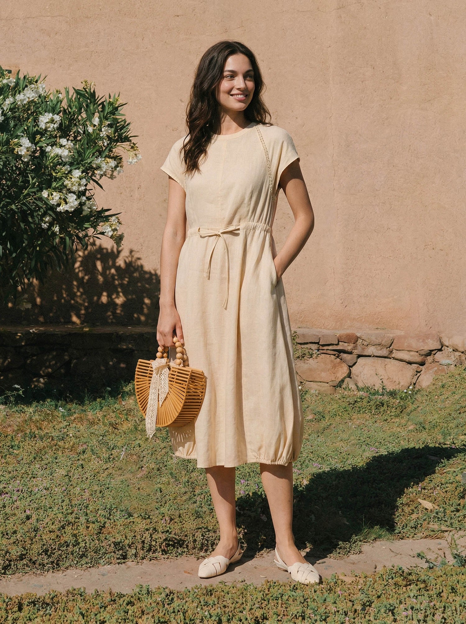 100% Linen Lace-Inset Bubble-Hem Midi Dress LORITA - Glamourous Grace