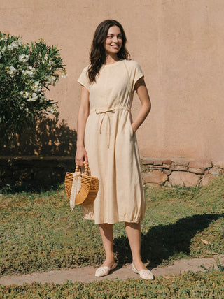 100% Linen Lace-Inset Bubble-Hem Midi Dress LORITA - Glamourous Grace