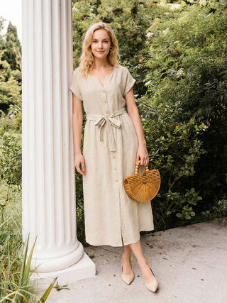100% Linen Plaid Detachable Tie-Belt Button-Front Maxi Dress LARISSA - Glamourous Grace
