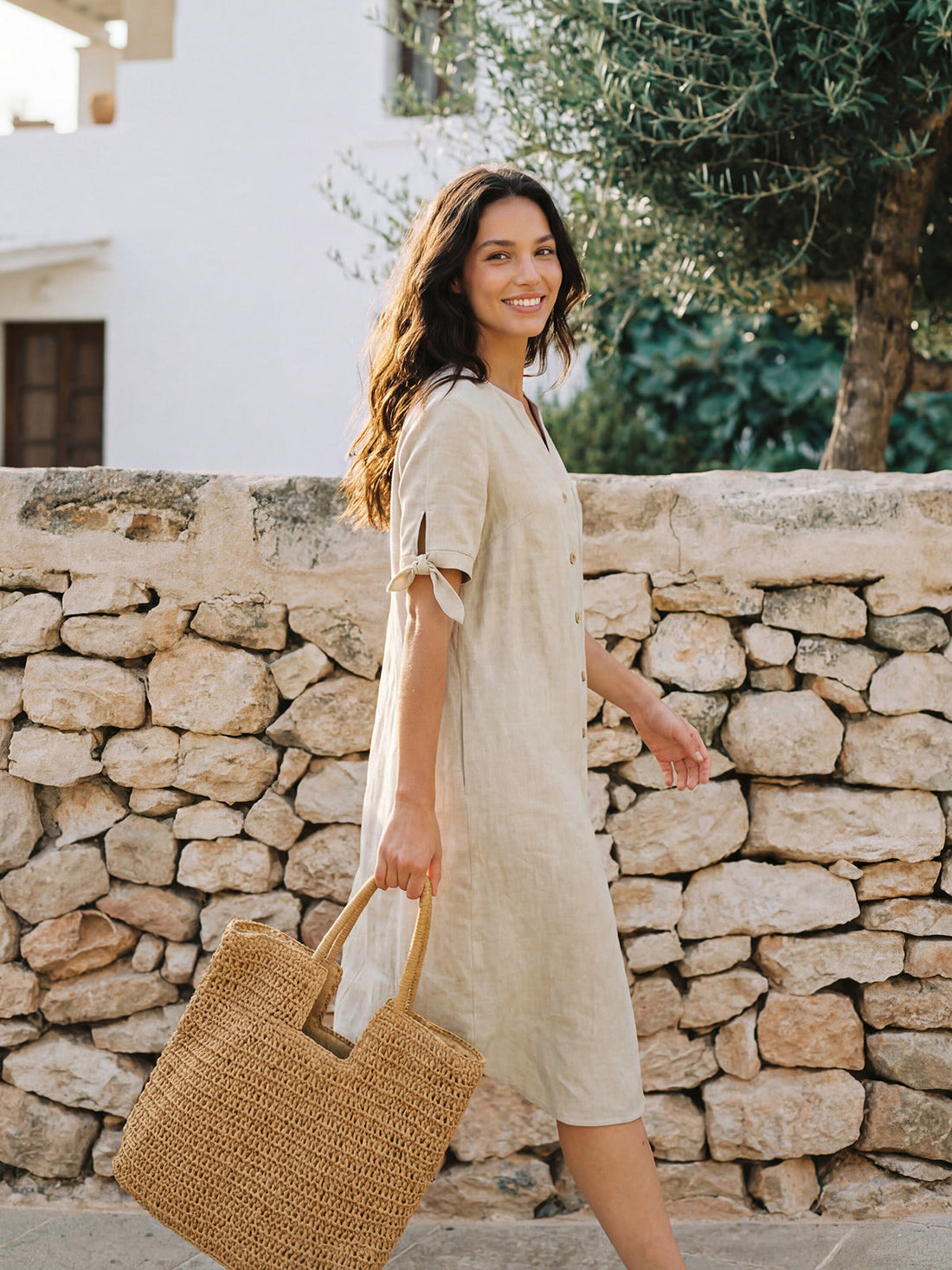 100% Linen Button-Front Tie Cuff V-Neck Shirt Dress HONORIA - Glamourous Grace