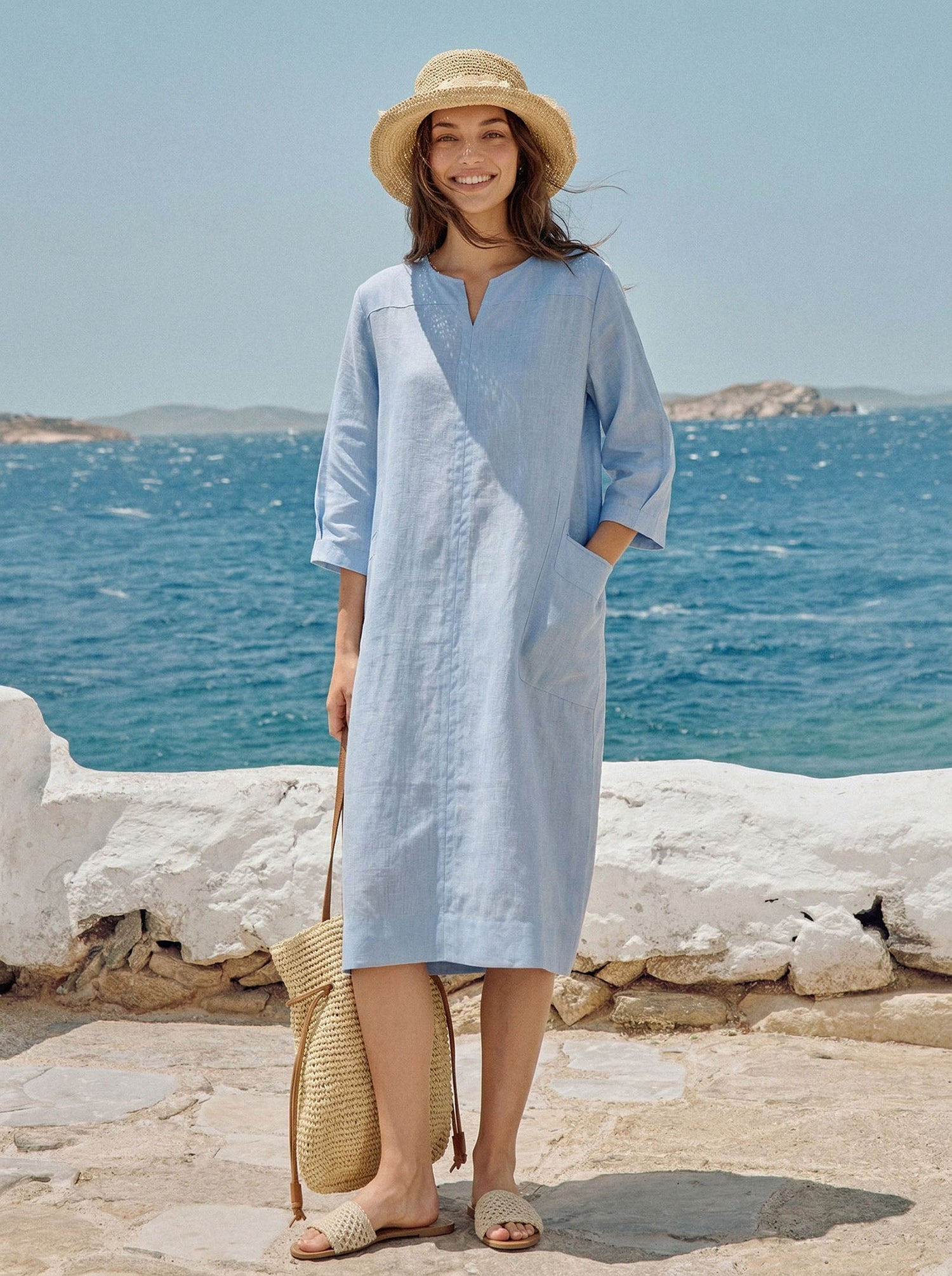100% Linen Split-Neck Patch-Pocket Midi Dress KALINA - Glamourous Grace