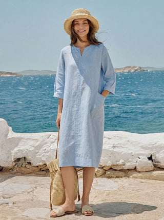 100% Linen Split-Neck Patch-Pocket Midi Dress KALINA - Glamourous Grace