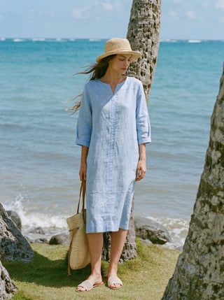 100% Linen Split-Neck Patch-Pocket Midi Dress KALINA - Glamourous Grace