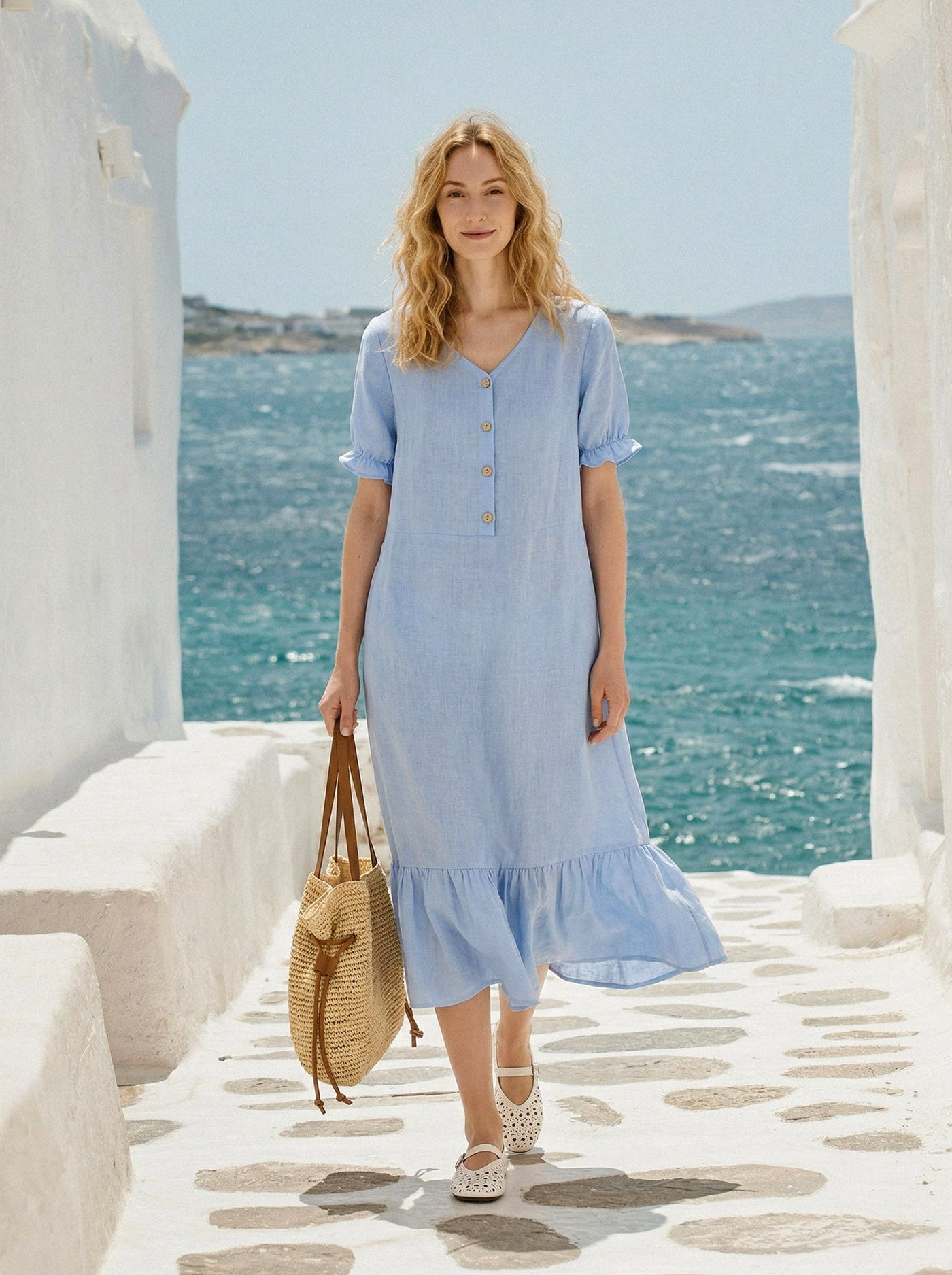 100% Linen Ruffle-Trim Belted Midi Dress LIVARA - Glamourous Grace
