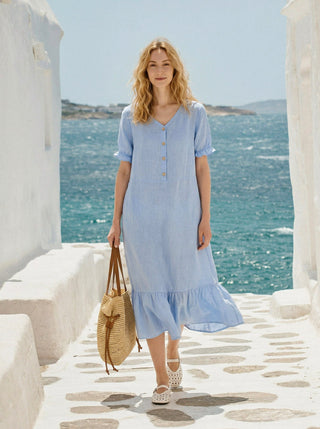 100% Linen Ruffle-Trim Belted Midi Dress LIVARA - Glamourous Grace
