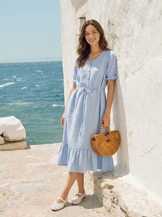 100% Linen Ruffle-Trim Belted Midi Dress LIVARA - Glamourous Grace