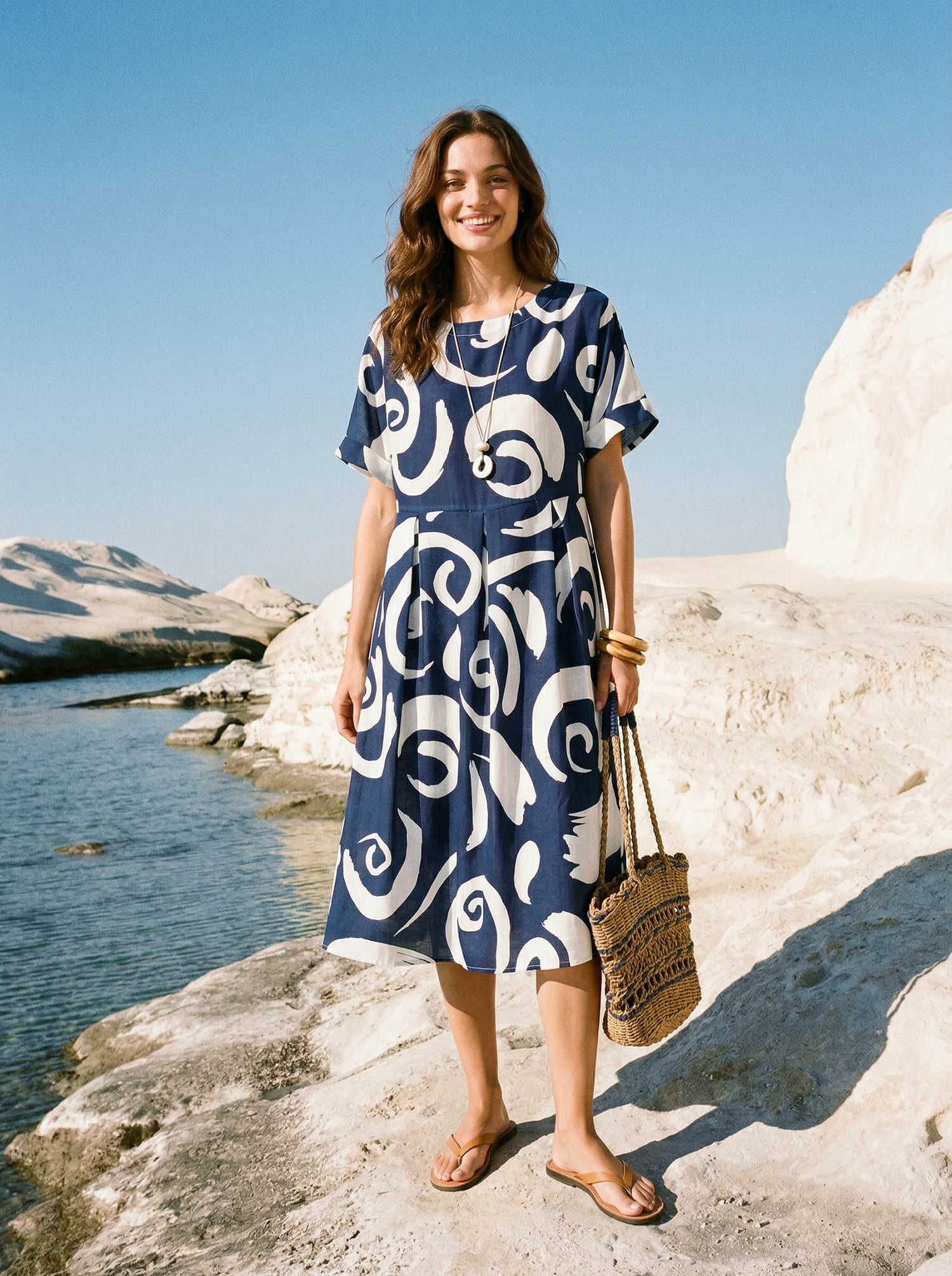 Linen Abstract-Print Pleated-Waist Midi Dress PRIYA - Glamourous Grace