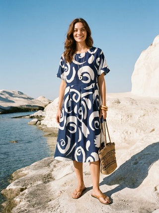 Linen Abstract-Print Pleated-Waist Midi Dress PRIYA - Glamourous Grace