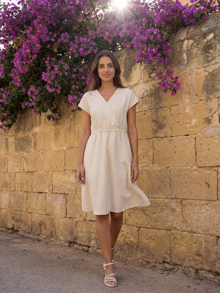 100% Linen Striped Elastic-Waist Midi Dress ARIA - Glamourous Grace