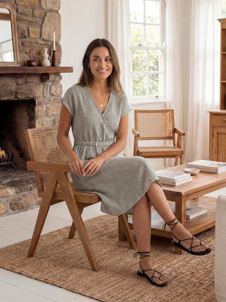 100% Linen Striped Elastic-Waist Midi Dress ARIA - Glamourous Grace