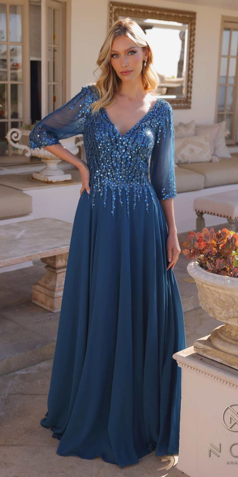 Nox Anabel MF100 Long Sequin Bodice 3/4 Sleeve A-line Gown - Glamourous Grace
