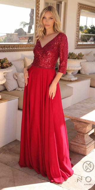 Nox Anabel MF103 Long Sequin Bodice 3/4 Sleeve A-line Gown