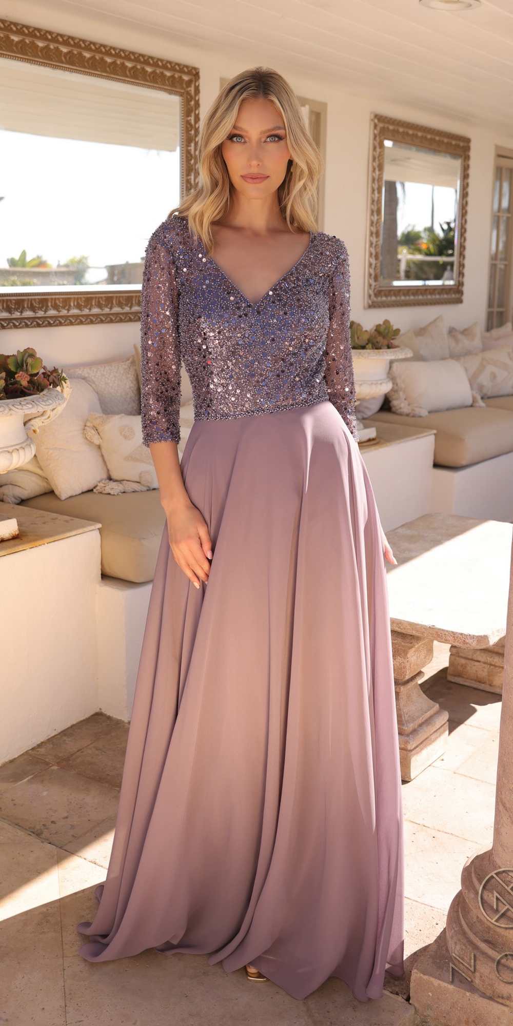 Nox Anabel MF103 Long Sequin Bodice 3/4 Sleeve A-line Gown - Glamourous Grace