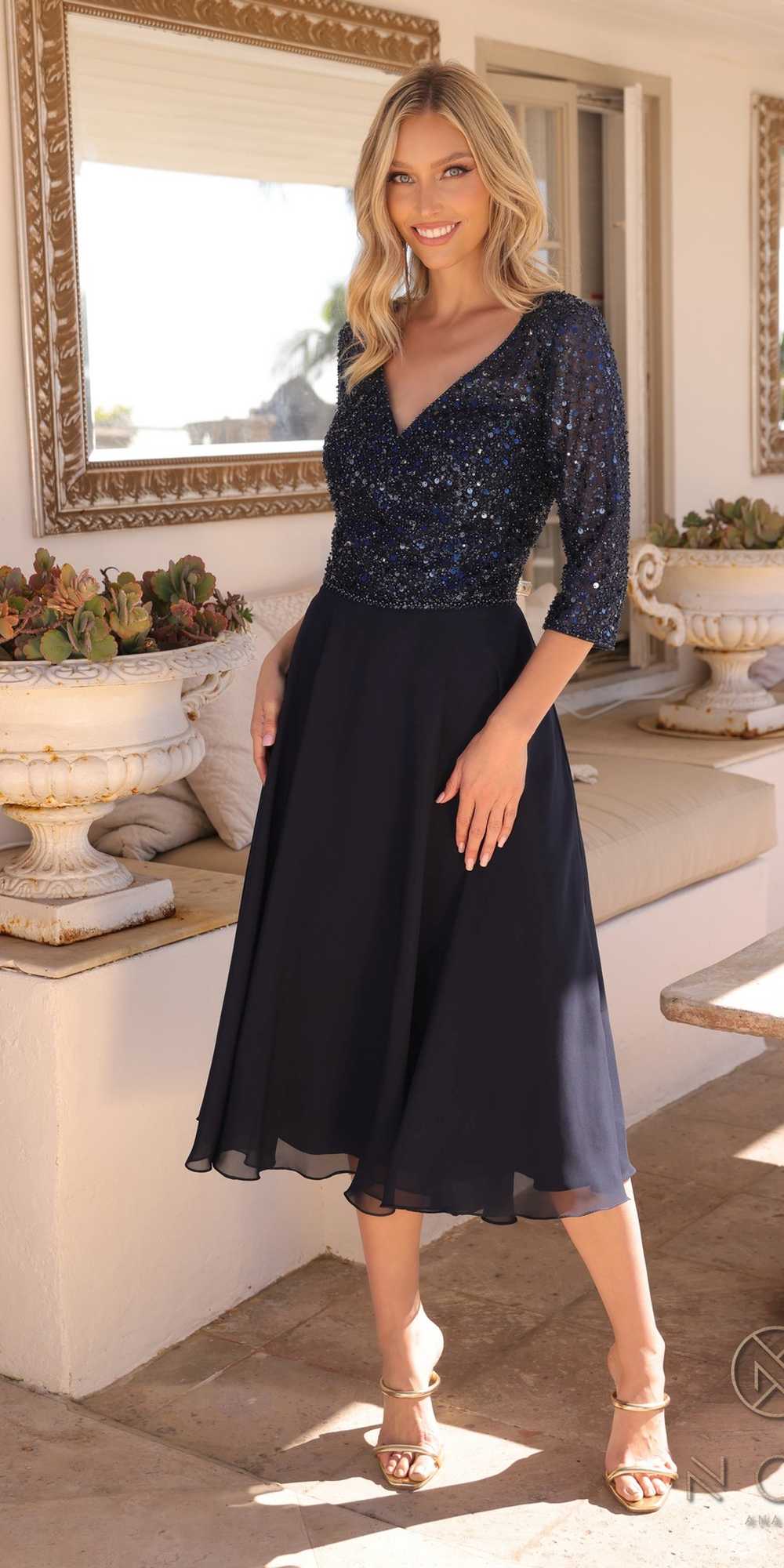 Nox Anabel MF104 Tea Length Sequin Bodice Short 3/4 Sleeve Dress - Glamourous Grace