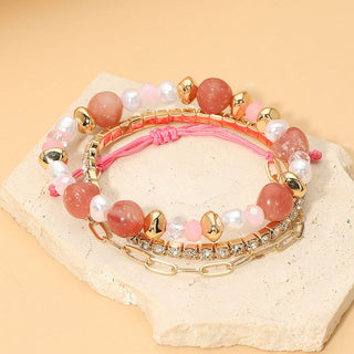 Pearl Faceted Beaded Rhinestone Stretch Paperclip Chain Multi Layered Bracelets